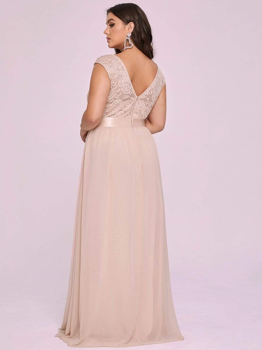 Plus Size Classic Round Neck V Back A-Line Chiffon Bridesmaid Dresses with Lace #color_Blush