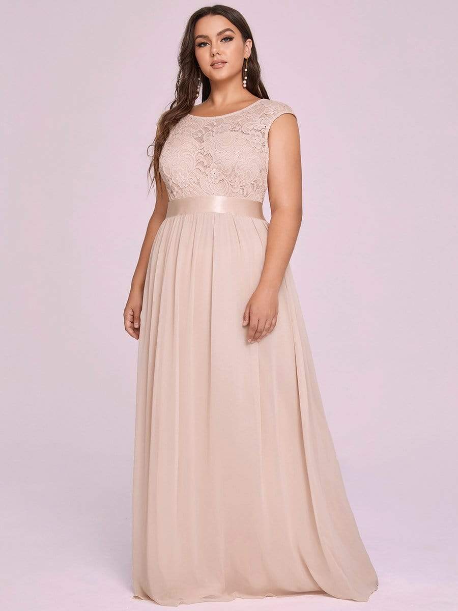 Plus Size Classic Round Neck V Back A-Line Chiffon Bridesmaid Dresses with Lace #color_Blush