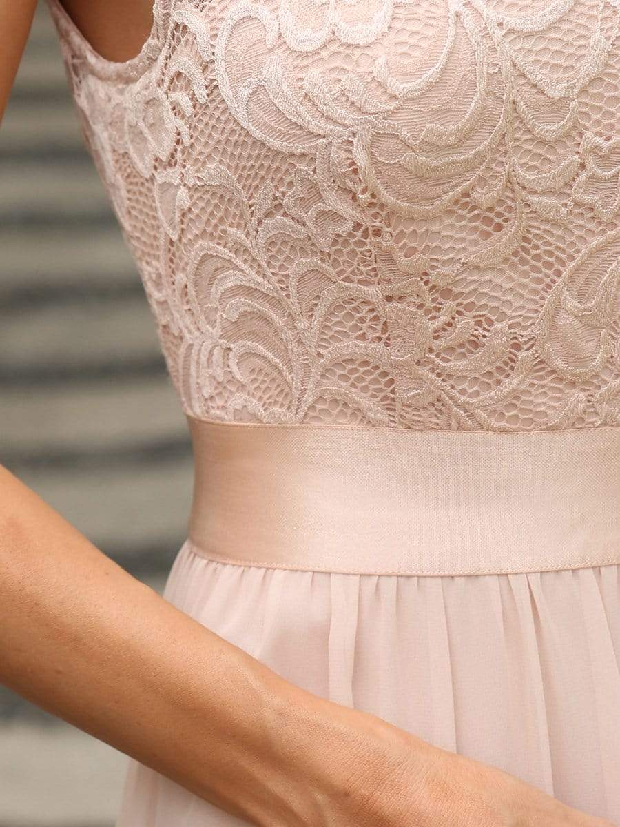 Classic Round Neck V Back Lace Bodice Bridesmaid Dress #color_Blush