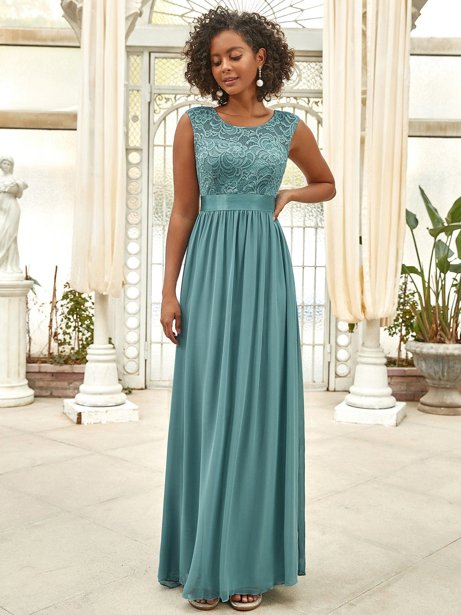 Custom Size Classic Round Neck V Back Lace Bodice Bridesmaid Dress #color_Light Teal