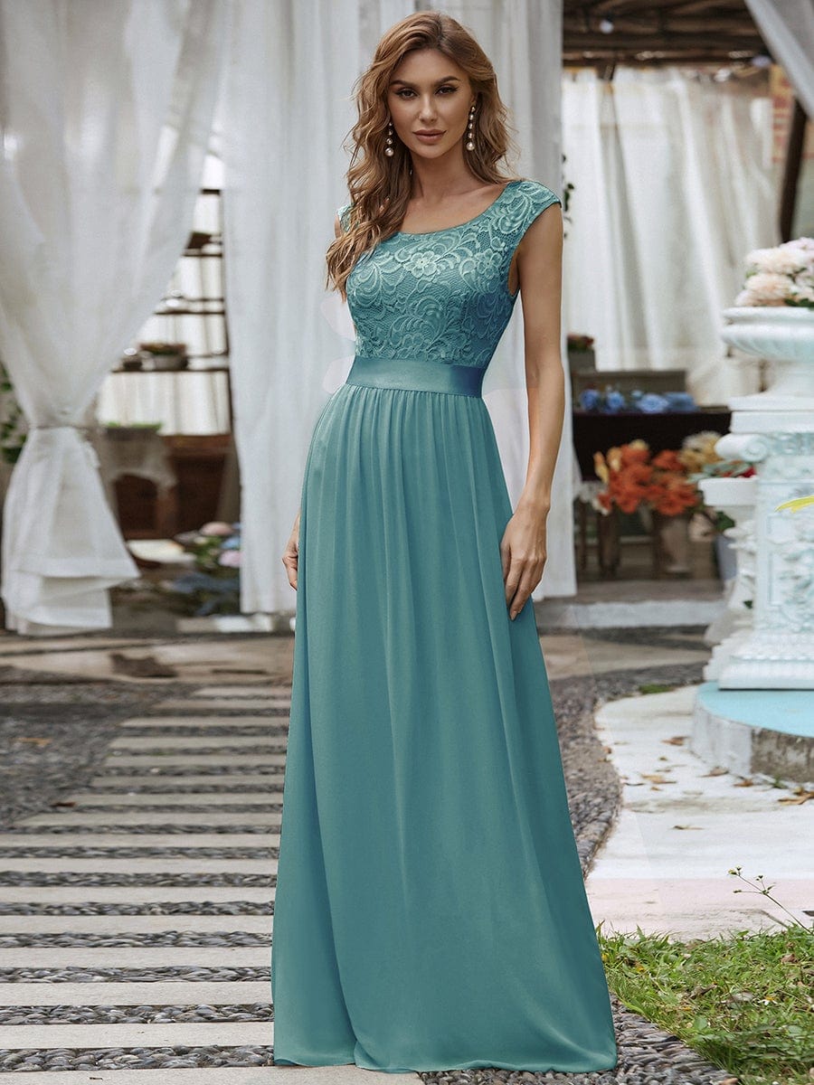 Round Neck Lace Bodice Bridesmaid Dress #color_Light Teal