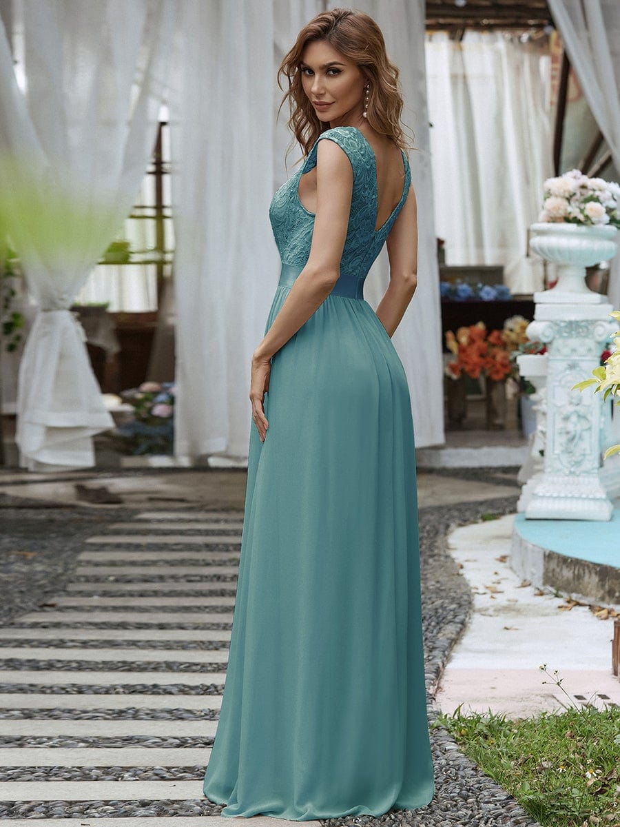 Round Neck Lace Bodice Bridesmaid Dress #color_Light Teal