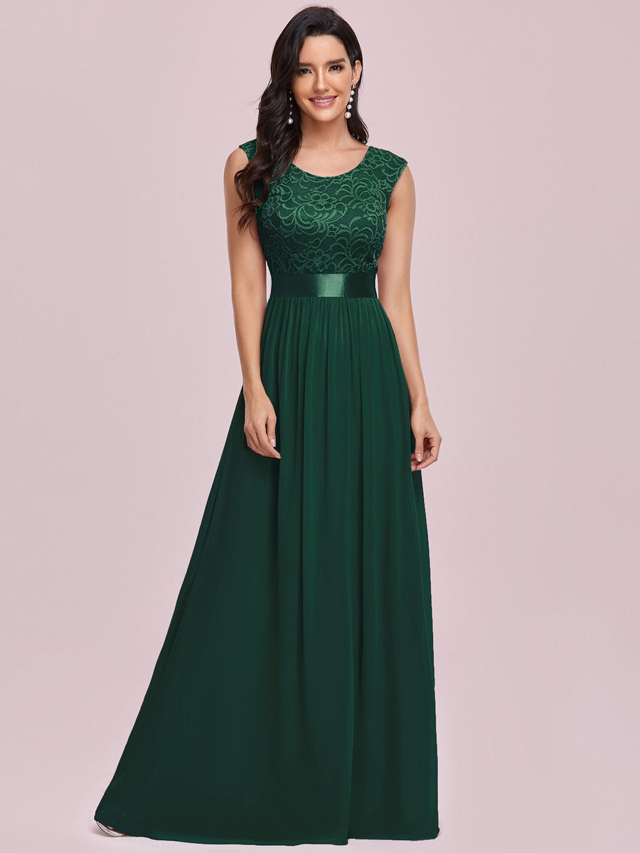 Custom Size Classic Round Neck V Back Lace Bodice Bridesmaid Dress #color_Dark Green