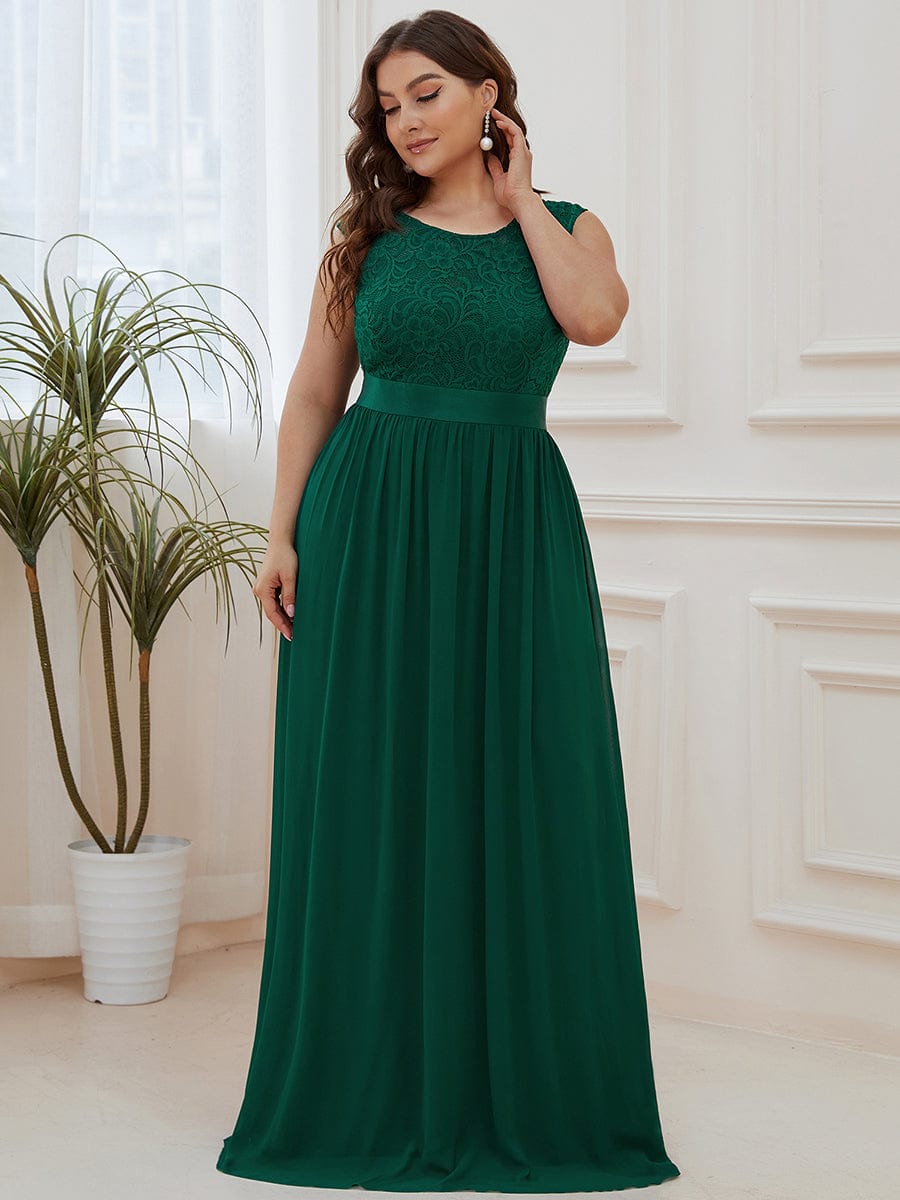 Plus Size Classic Round Neck V Back A-Line Chiffon Bridesmaid Dresses with Lace #color_Dark Green