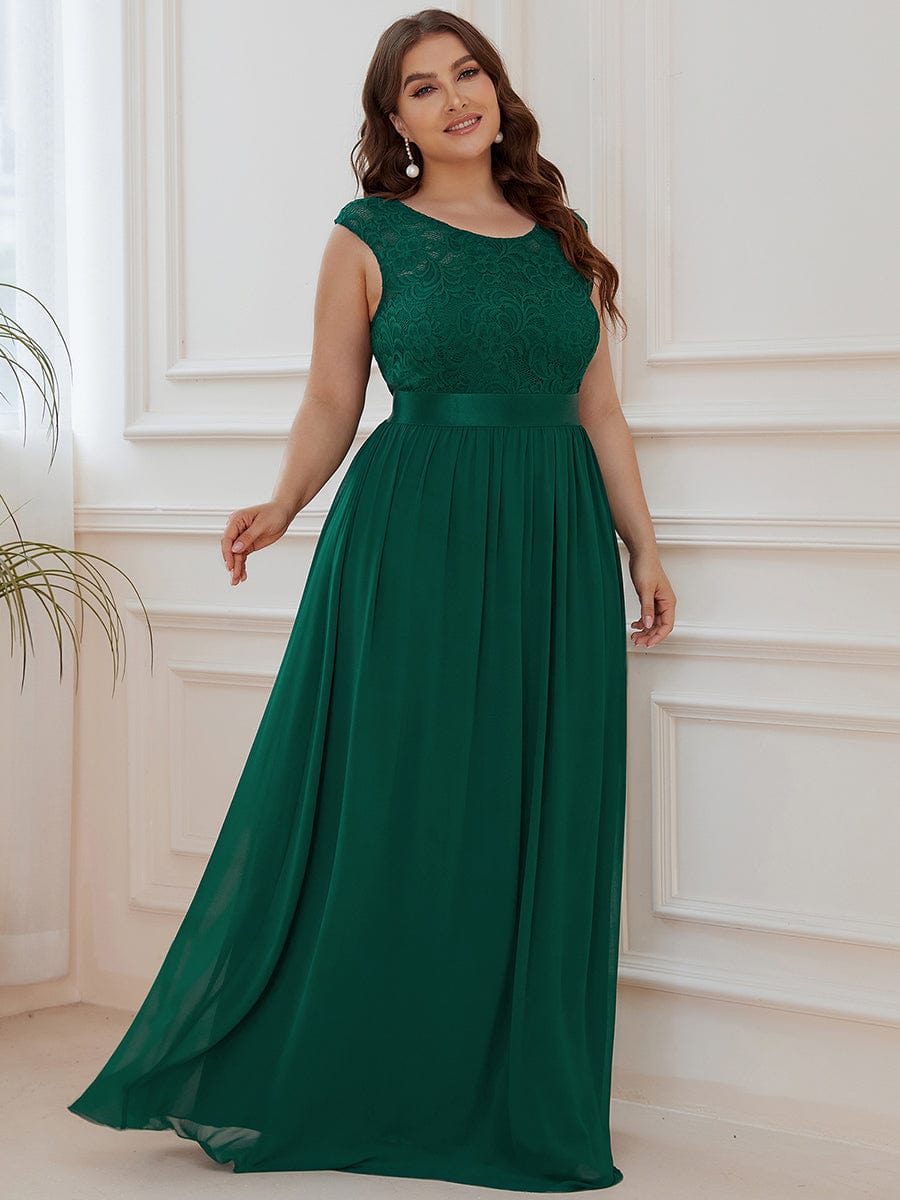 Plus Size Classic Round Neck V Back A-Line Chiffon Bridesmaid Dresses with Lace #color_Dark Green