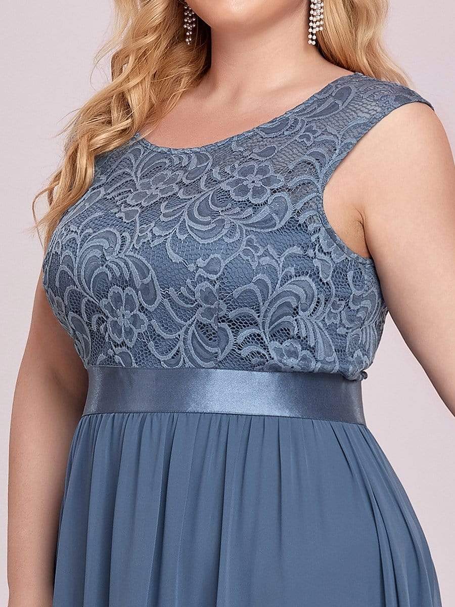 Plus Size Classic Round Neck V Back A-Line Chiffon Bridesmaid Dresses with Lace #color_Dusty Navy