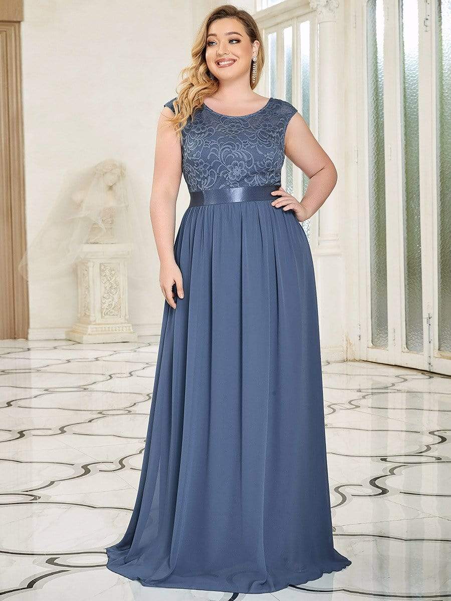 Round Neck Lace Bodice Bridesmaid Dress #color_Dusty Blue