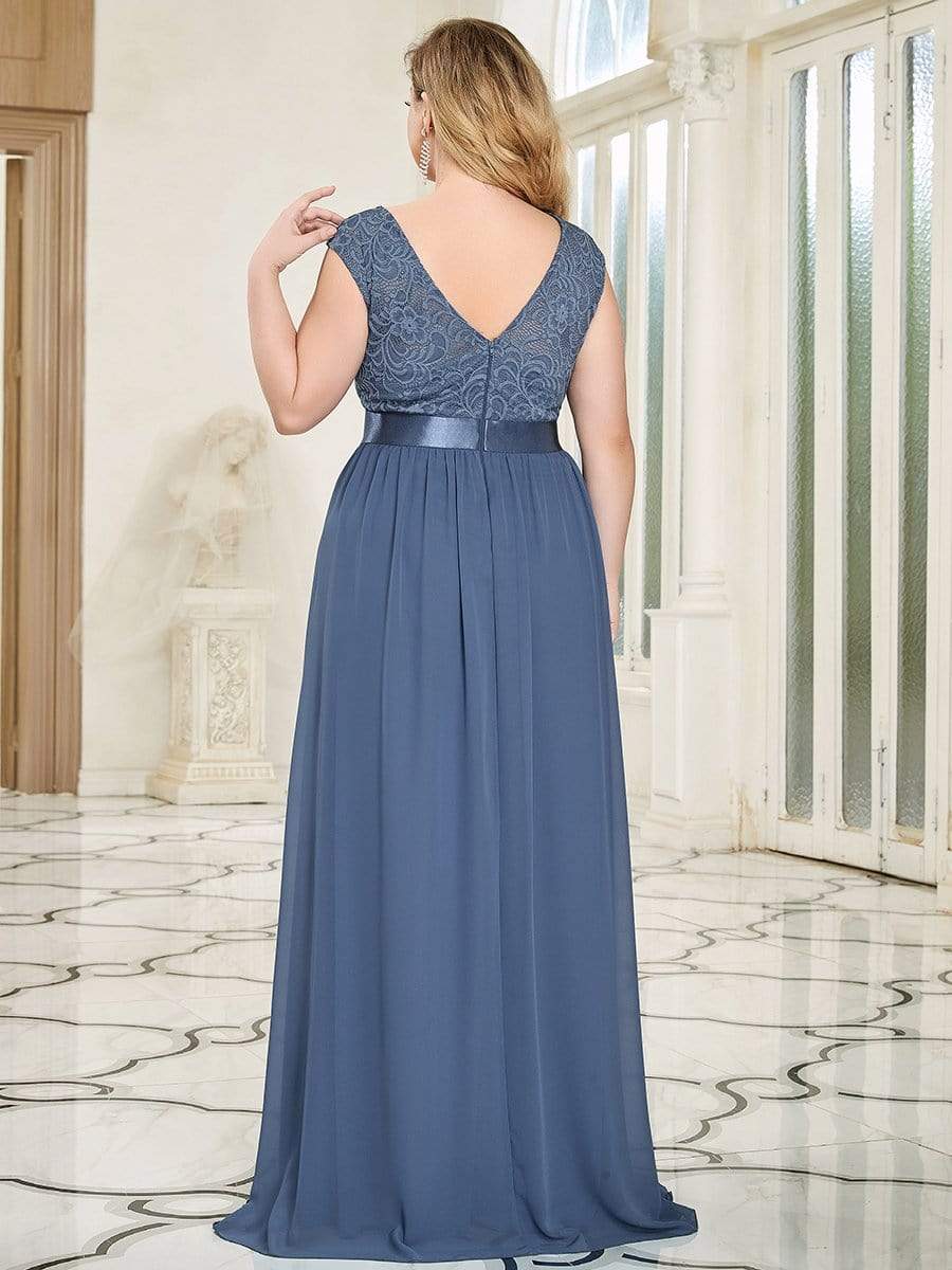 Plus Size Classic Round Neck V Back A-Line Chiffon Bridesmaid Dresses with Lace #color_Dusty Navy