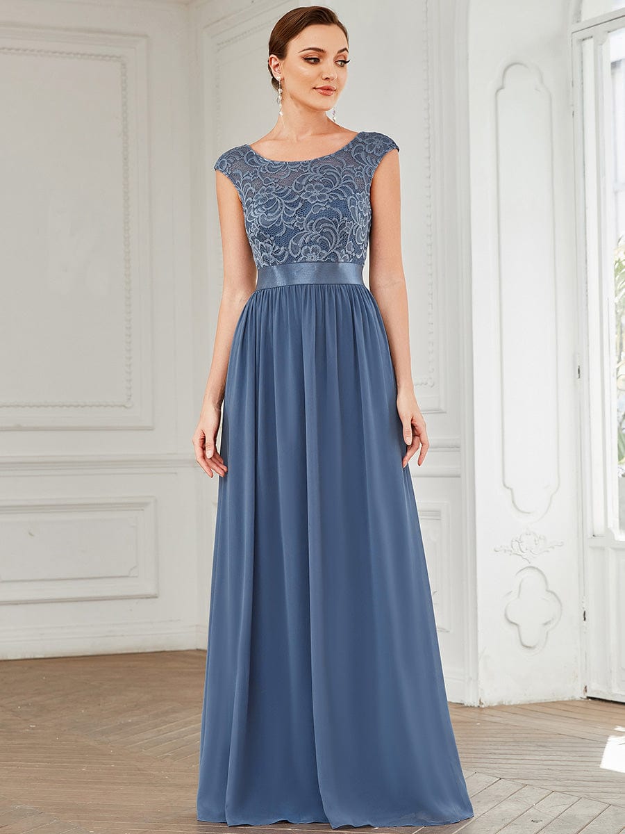 Round Neck Lace Bodice Bridesmaid Dress #color_Dusty Blue