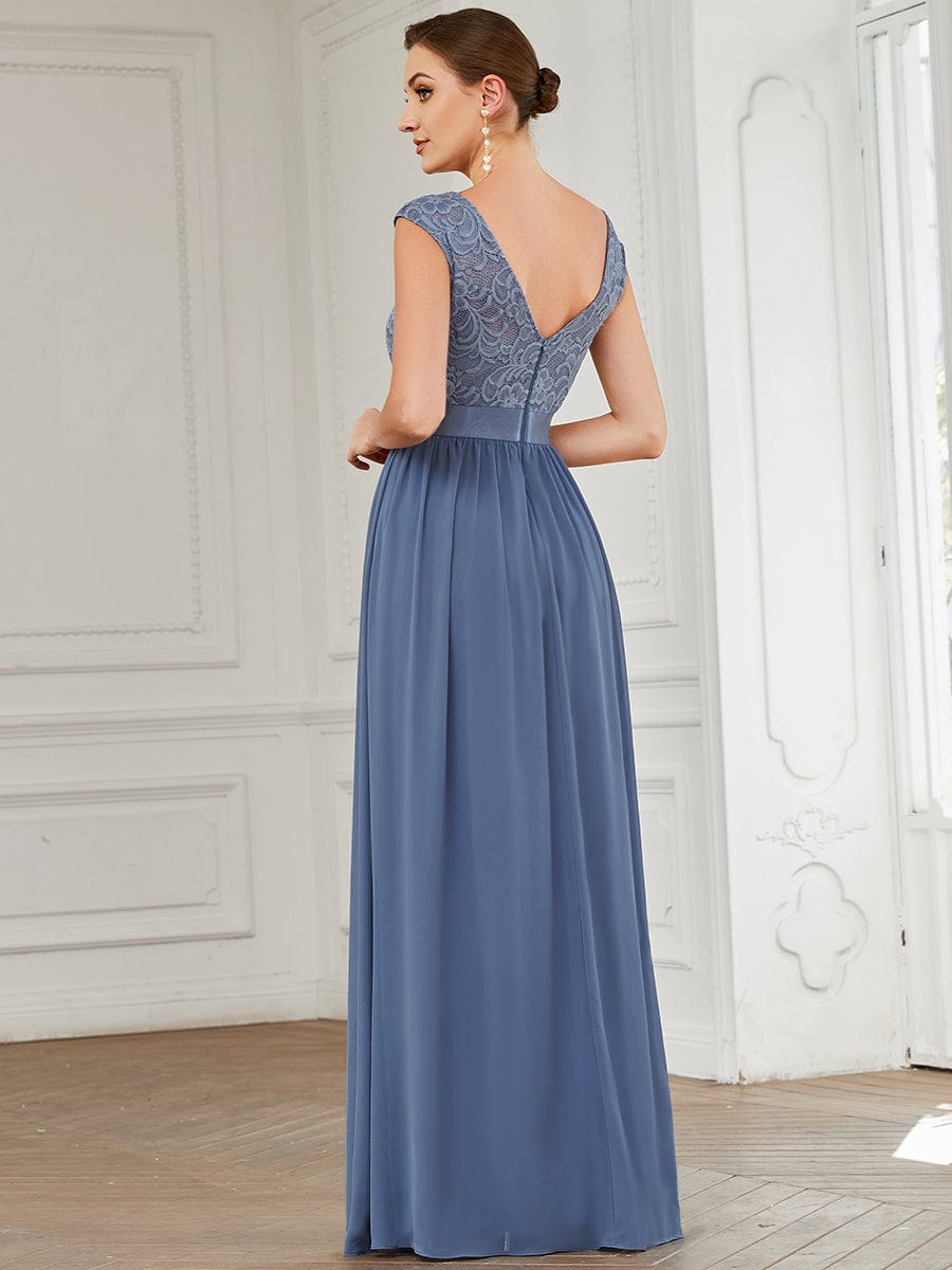 Round Neck Lace Bodice Bridesmaid Dress #color_Dusty Blue