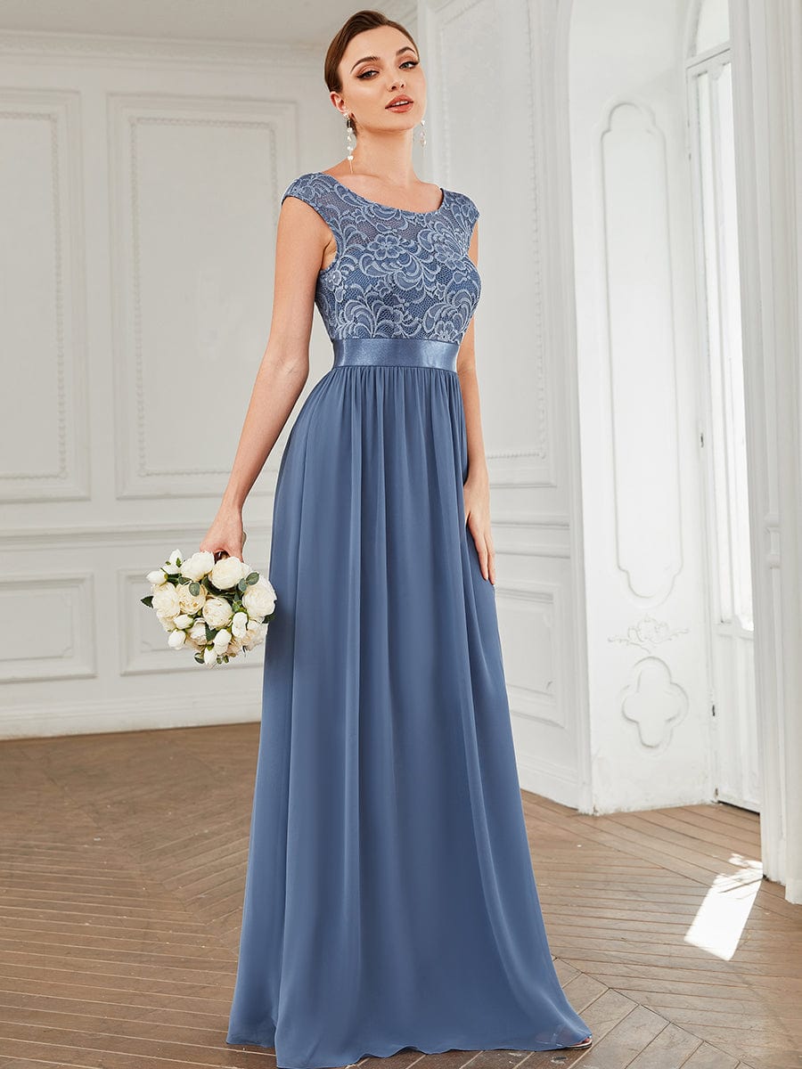 Round Neck Lace Bodice Bridesmaid Dress #color_Dusty Blue