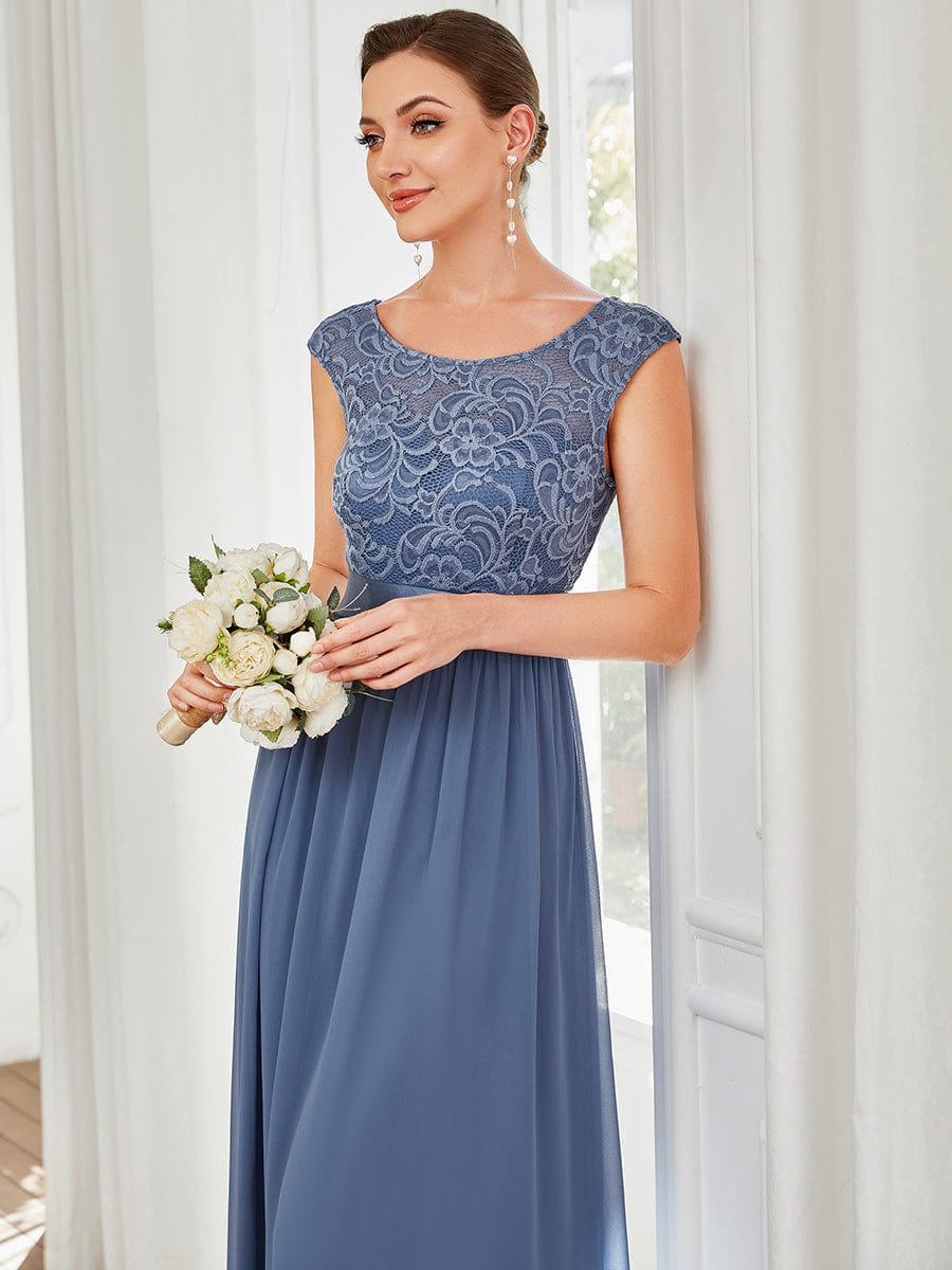 Round Neck Lace Bodice Bridesmaid Dress #color_Dusty Blue