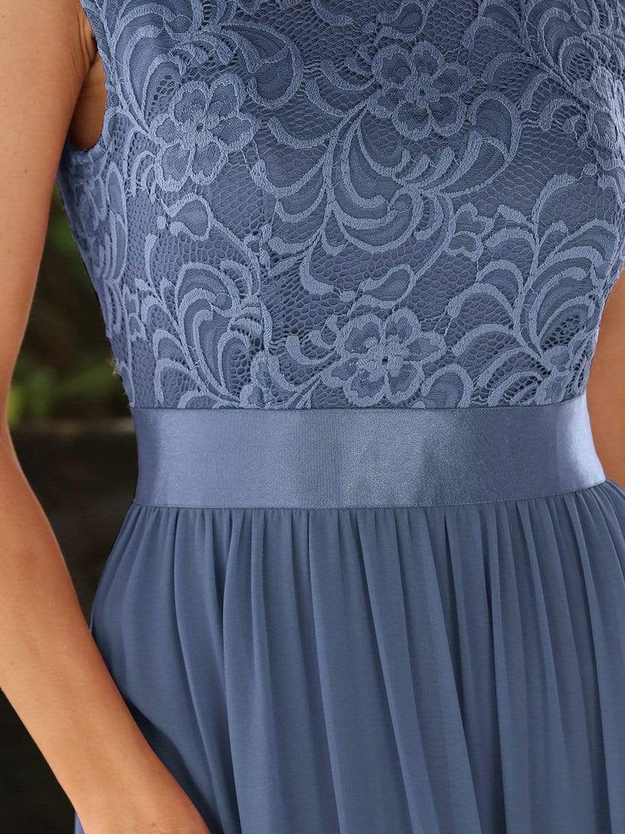 Round Neck Lace Bodice Bridesmaid Dress #color_Dusty Blue