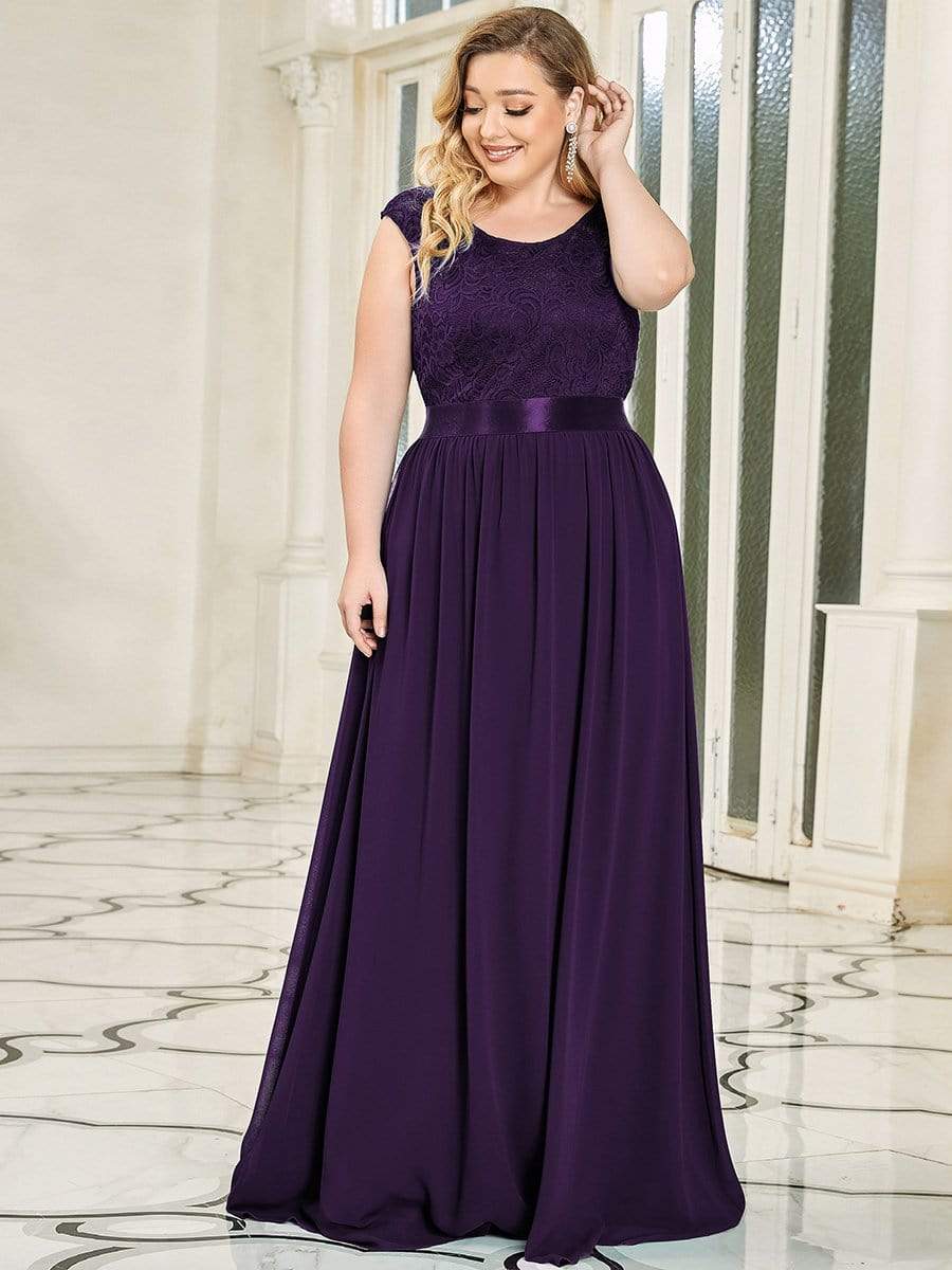 Round Neck Lace Bodice Bridesmaid Dress #color_Dark Purple