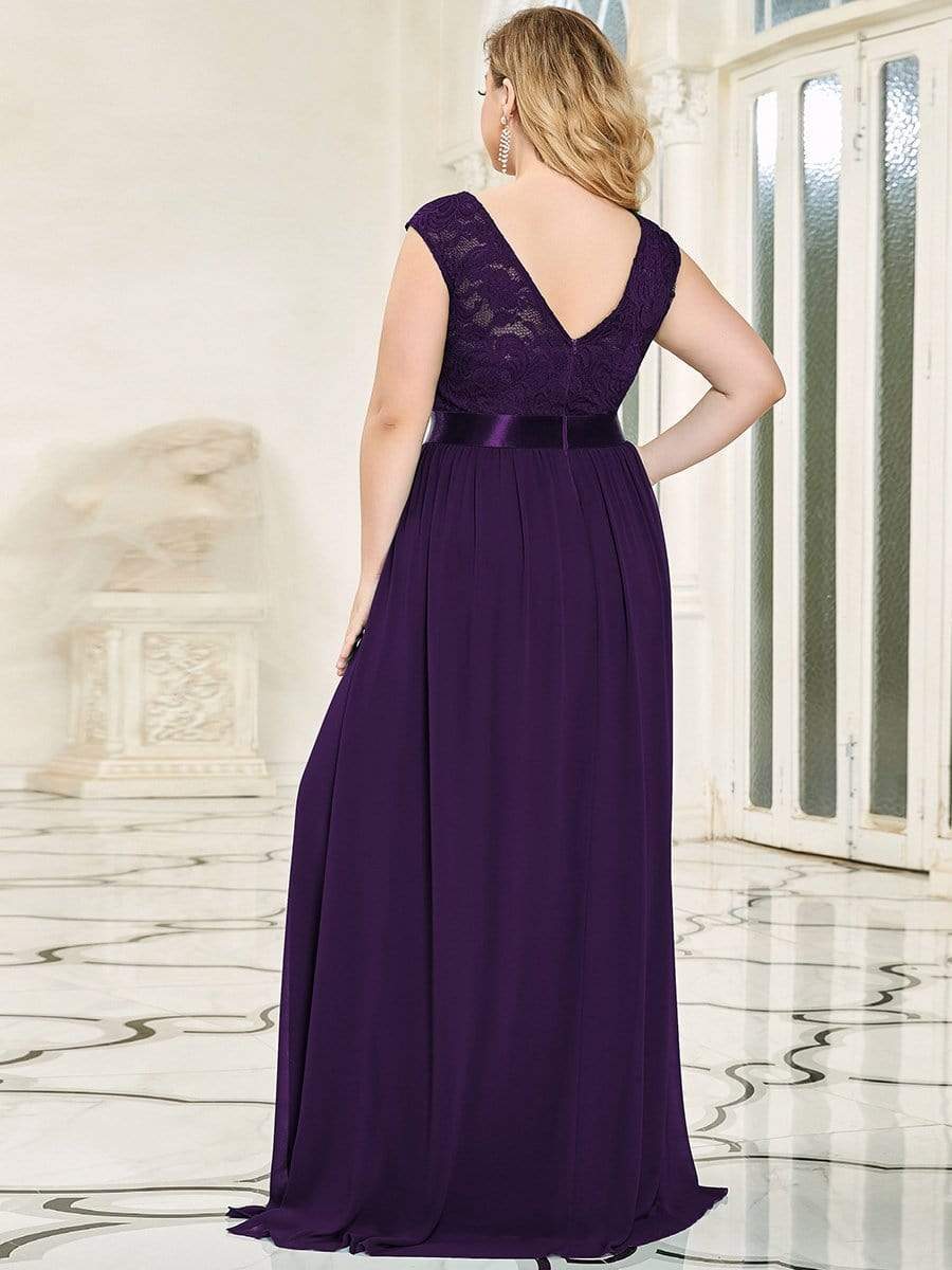 Round Neck Lace Bodice Bridesmaid Dress #color_Dark Purple