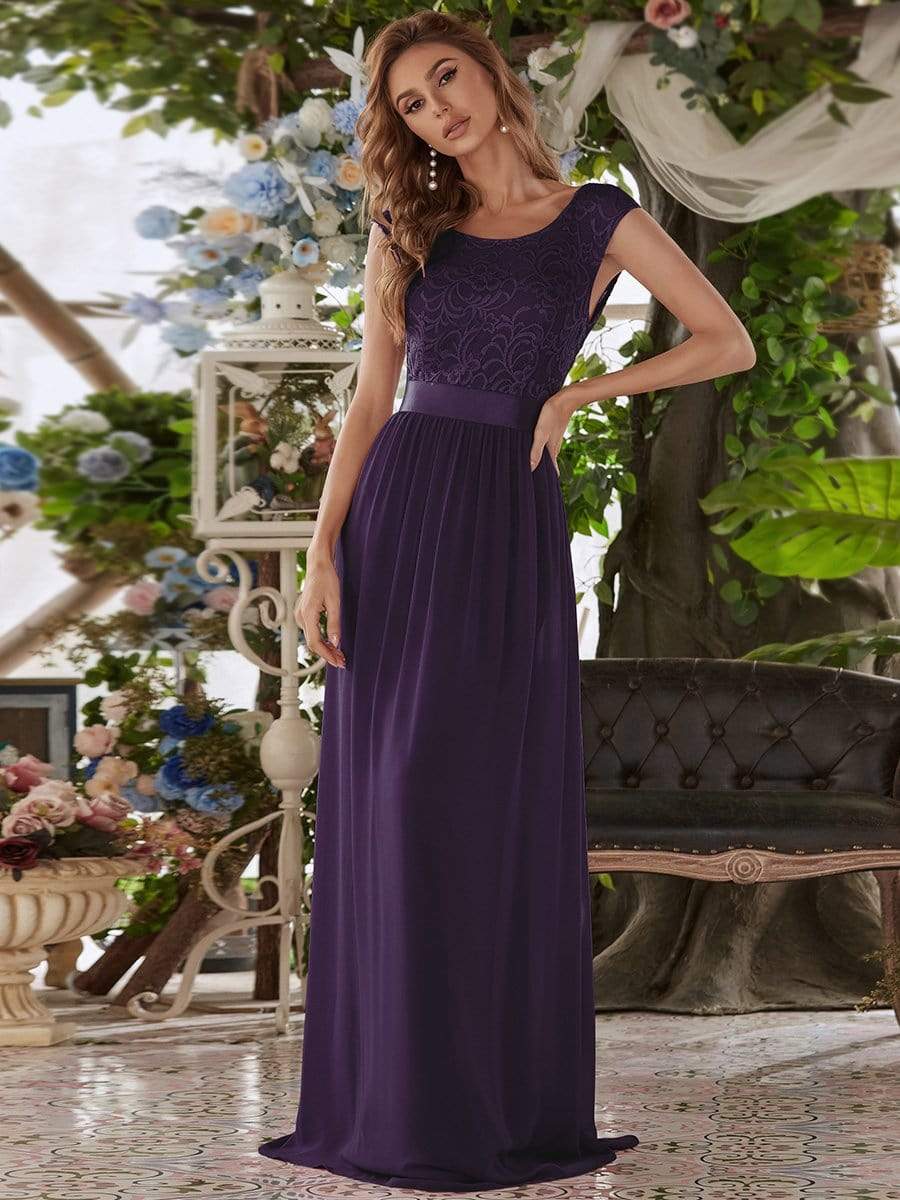 Round Neck Lace Bodice Bridesmaid Dress #color_Dark Purple