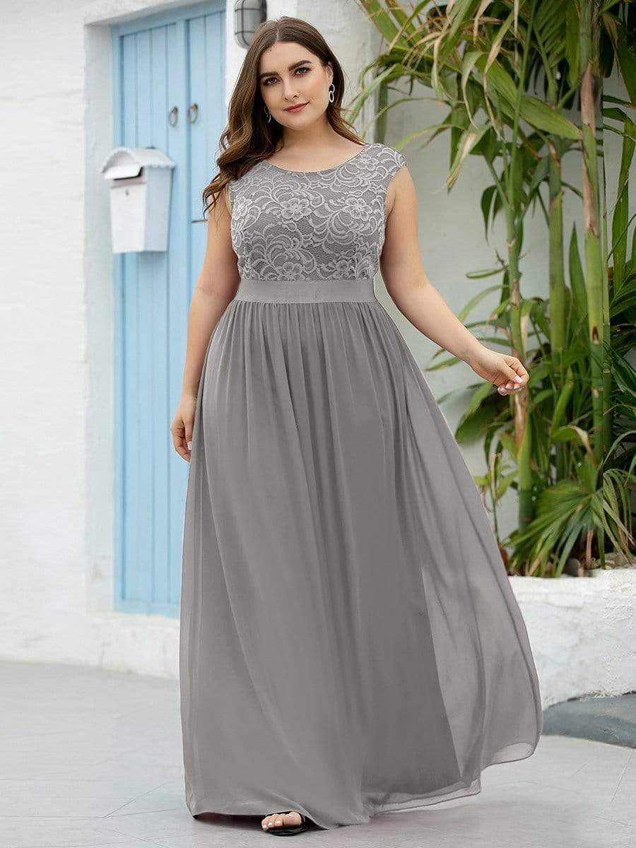 Plus Size Classic Round Neck V Back A-Line Chiffon Bridesmaid Dresses with Lace #color_Grey