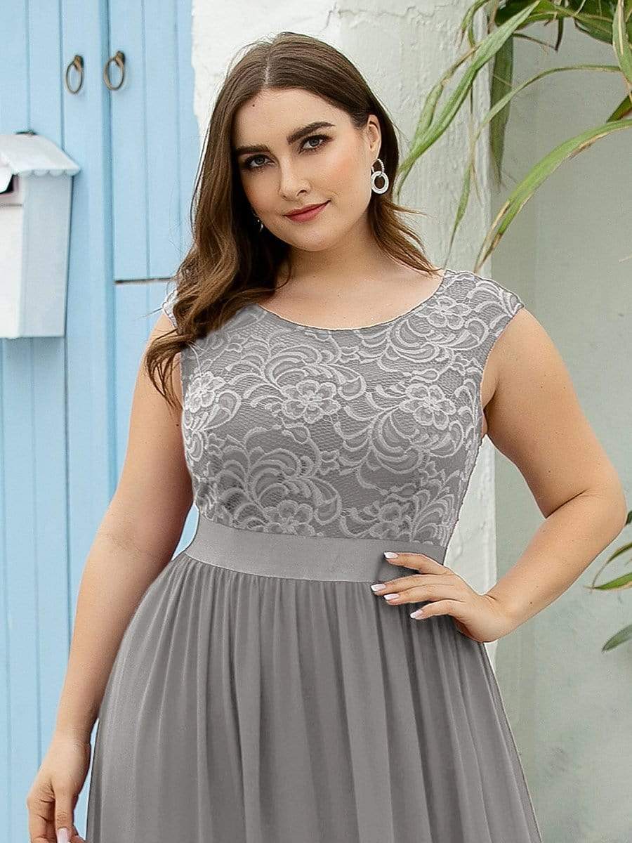 Plus Size Classic Round Neck V Back A-Line Chiffon Bridesmaid Dresses with Lace #color_Grey