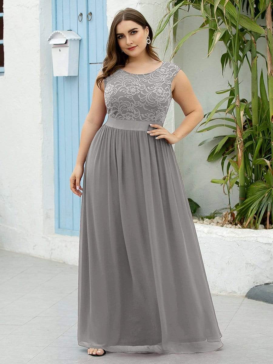 Classic Round Neck V Back Lace Bodice Bridesmaid Dress #color_Grey