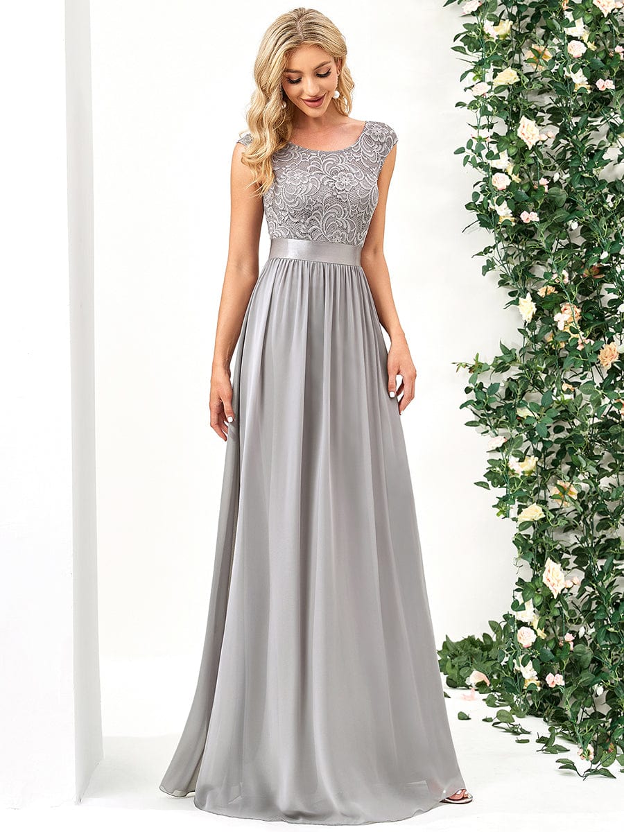 Classic Round Neck V Back Lace Bodice Bridesmaid Dress #color_Grey