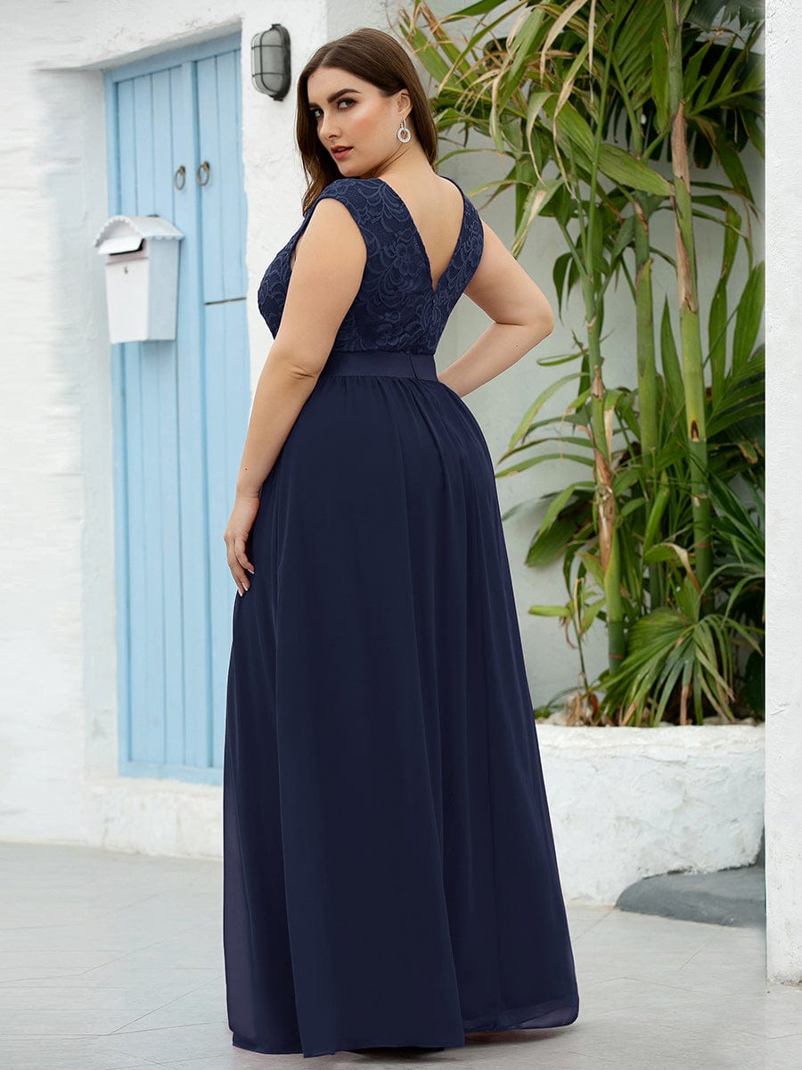 Classic Round Neck V Back Lace Bodice Bridesmaid Dress #color_Navy Blue