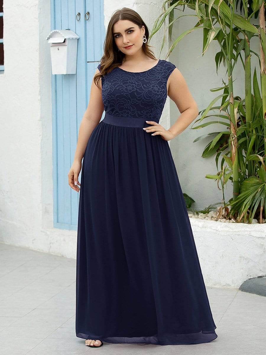 Classic Round Neck V Back Lace Bodice Bridesmaid Dress #color_Navy Blue