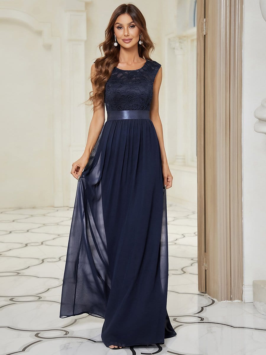 Classic Round Neck V Back Lace Bodice Bridesmaid Dress #color_Navy Blue