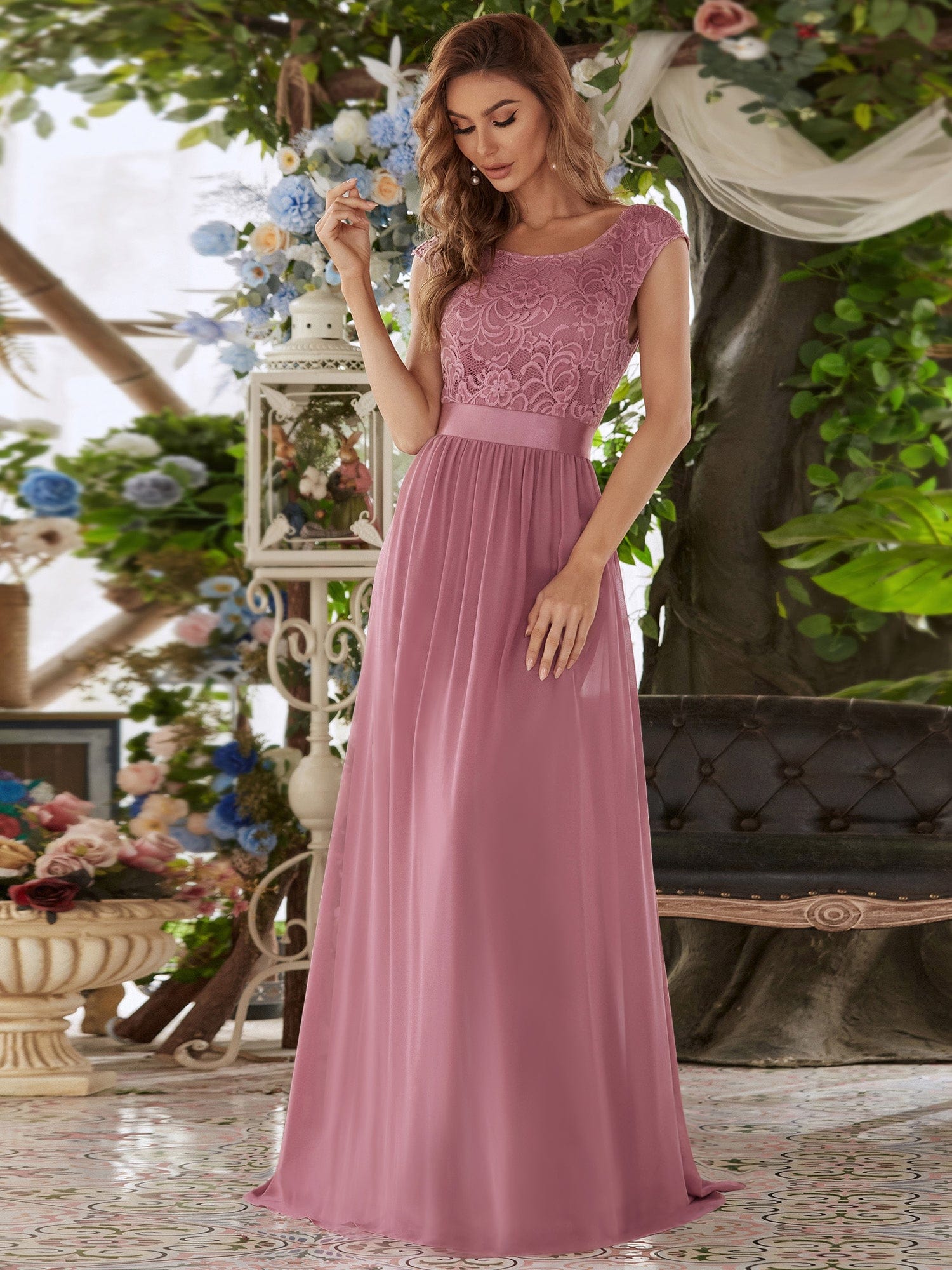 Classic Round Neck V Back Lace Bodice Bridesmaid Dress #color_Purple Orchid