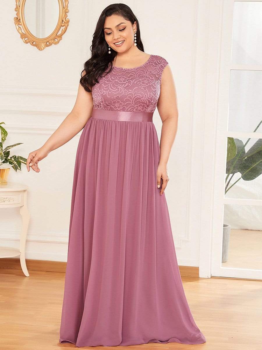 Classic Round Neck V Back Lace Bodice Bridesmaid Dress #color_Purple Orchid