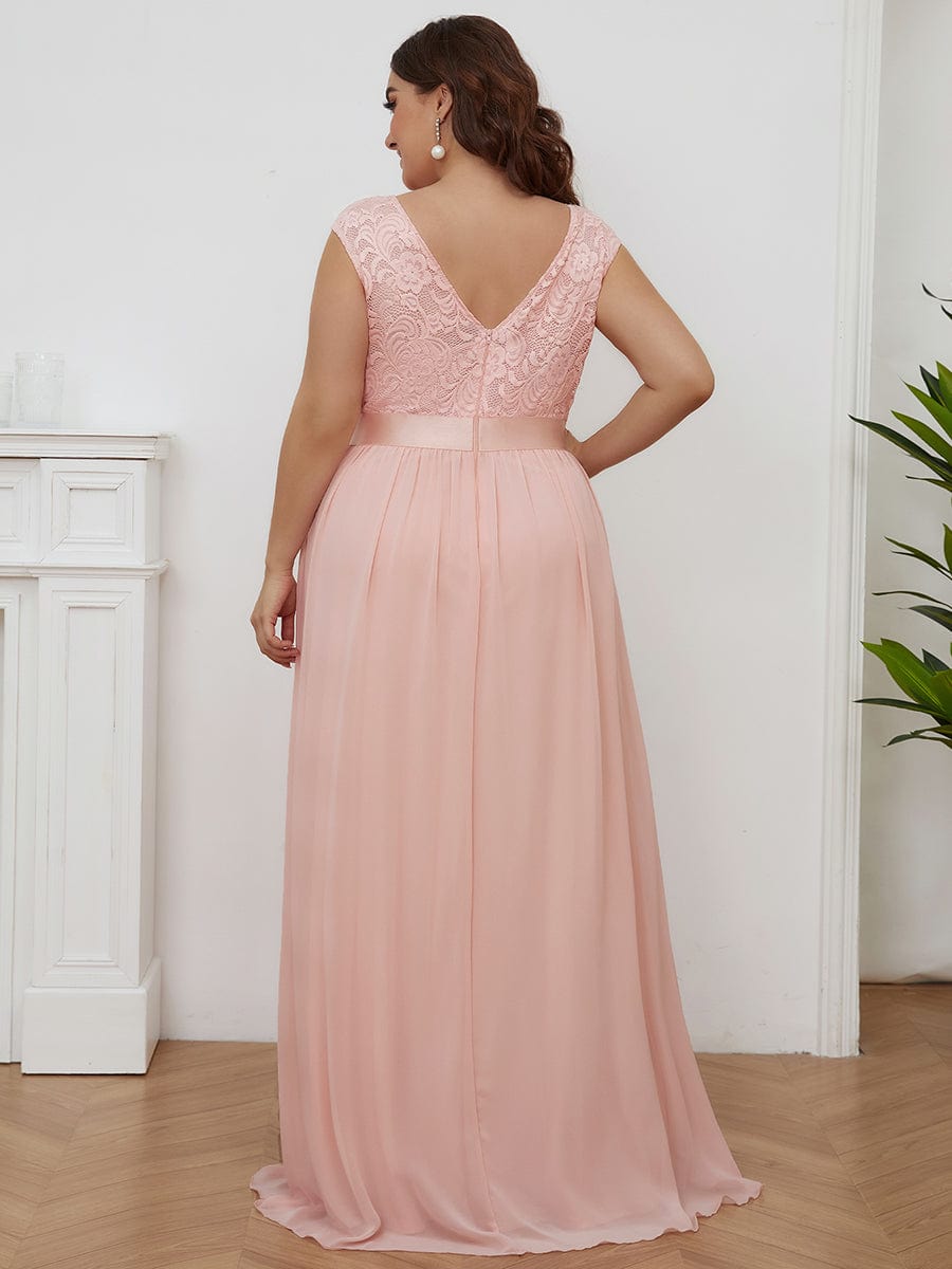 Classic Round Neck V Back Lace Bodice Bridesmaid Dress #color_Pink