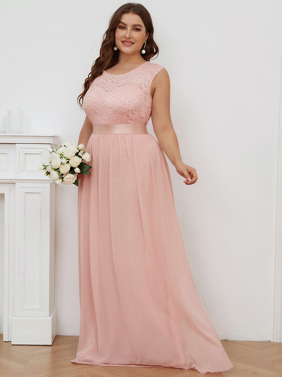 Classic Round Neck V Back Lace Bodice Bridesmaid Dress #color_Pink