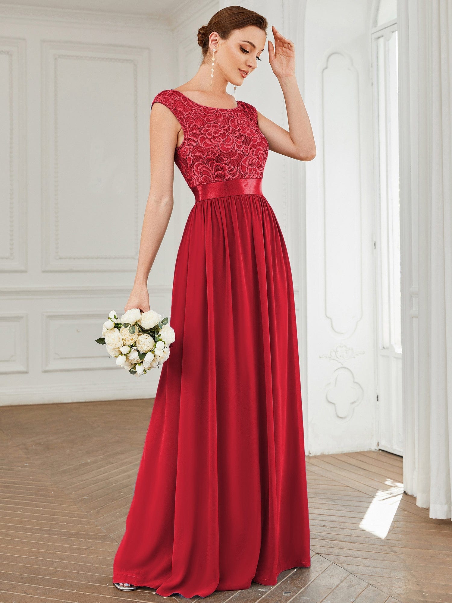 Custom Size Classic Round Neck V Back Lace Bodice Bridesmaid Dress #color_Red