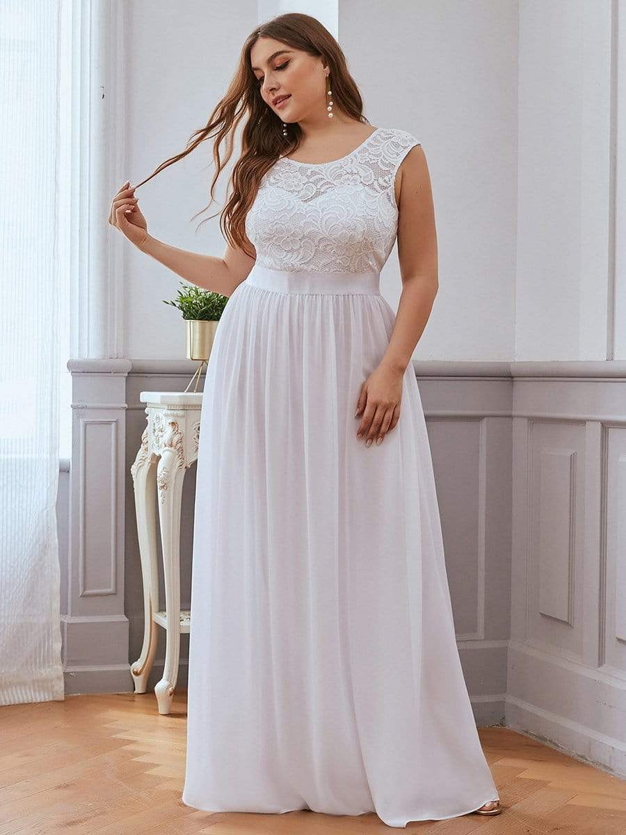Plus Size Classic Round Neck V Back A-Line Chiffon Bridesmaid Dresses with Lace #color_White