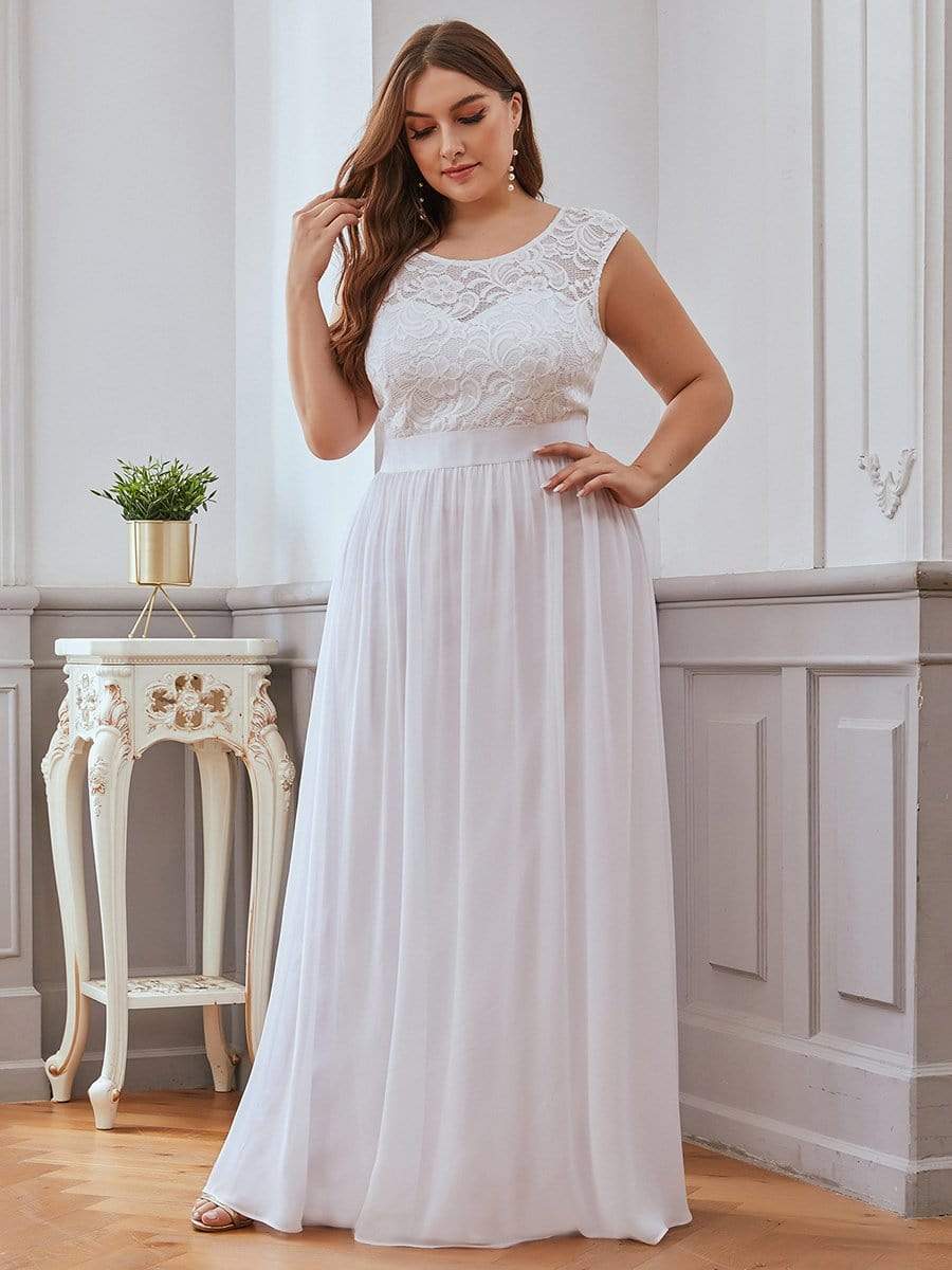 Plus Size Classic Round Neck V Back A-Line Chiffon Bridesmaid Dresses with Lace #color_White