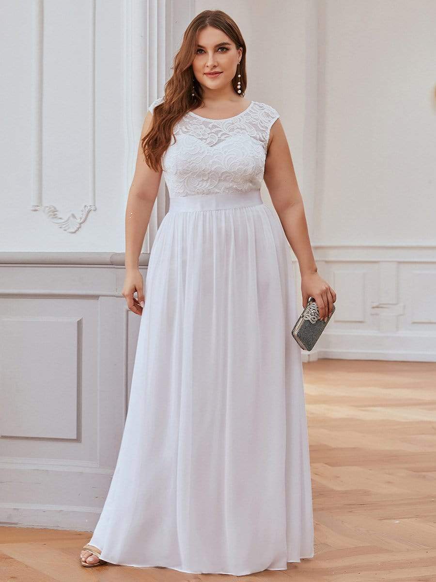 Classic Round Neck V Back Lace Bodice Bridesmaid Dress #color_White