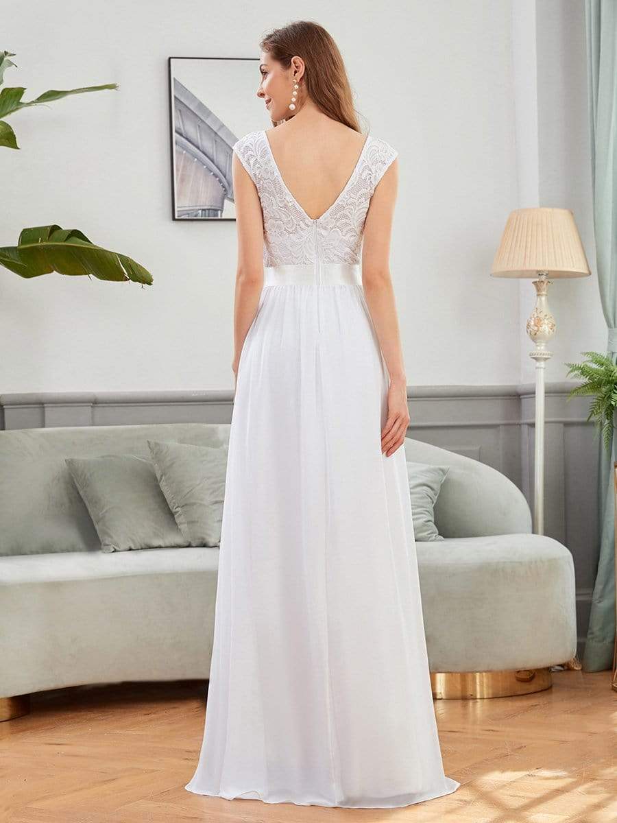 Classic Round Neck V Back Lace Bodice Bridesmaid Dress #color_White