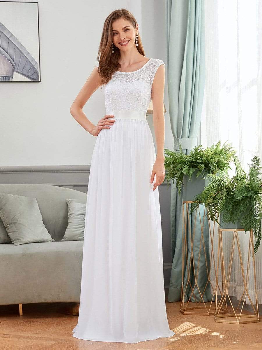 Classic Round Neck V Back Lace Bodice Bridesmaid Dress #color_White