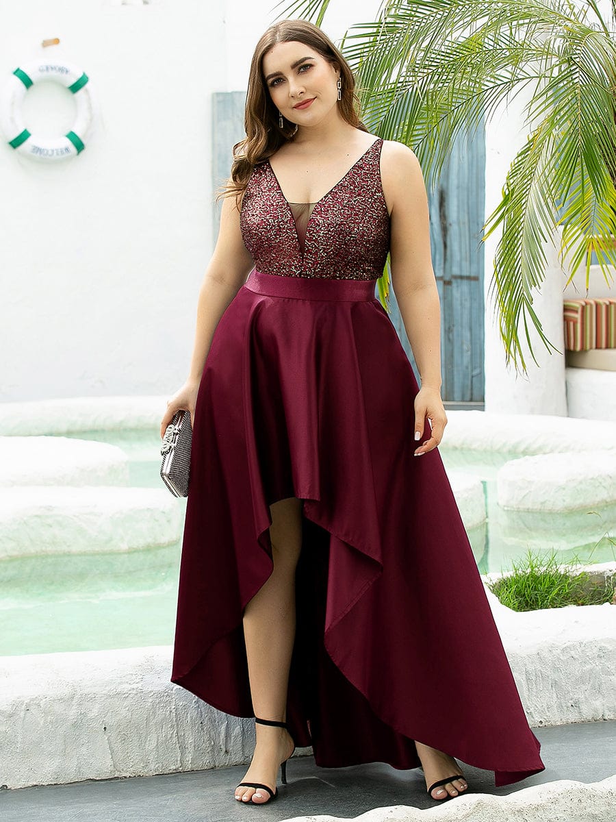 Sexy Backless Sparkly Prom Dresses for Women with Irregular Hem #color_Burgundy