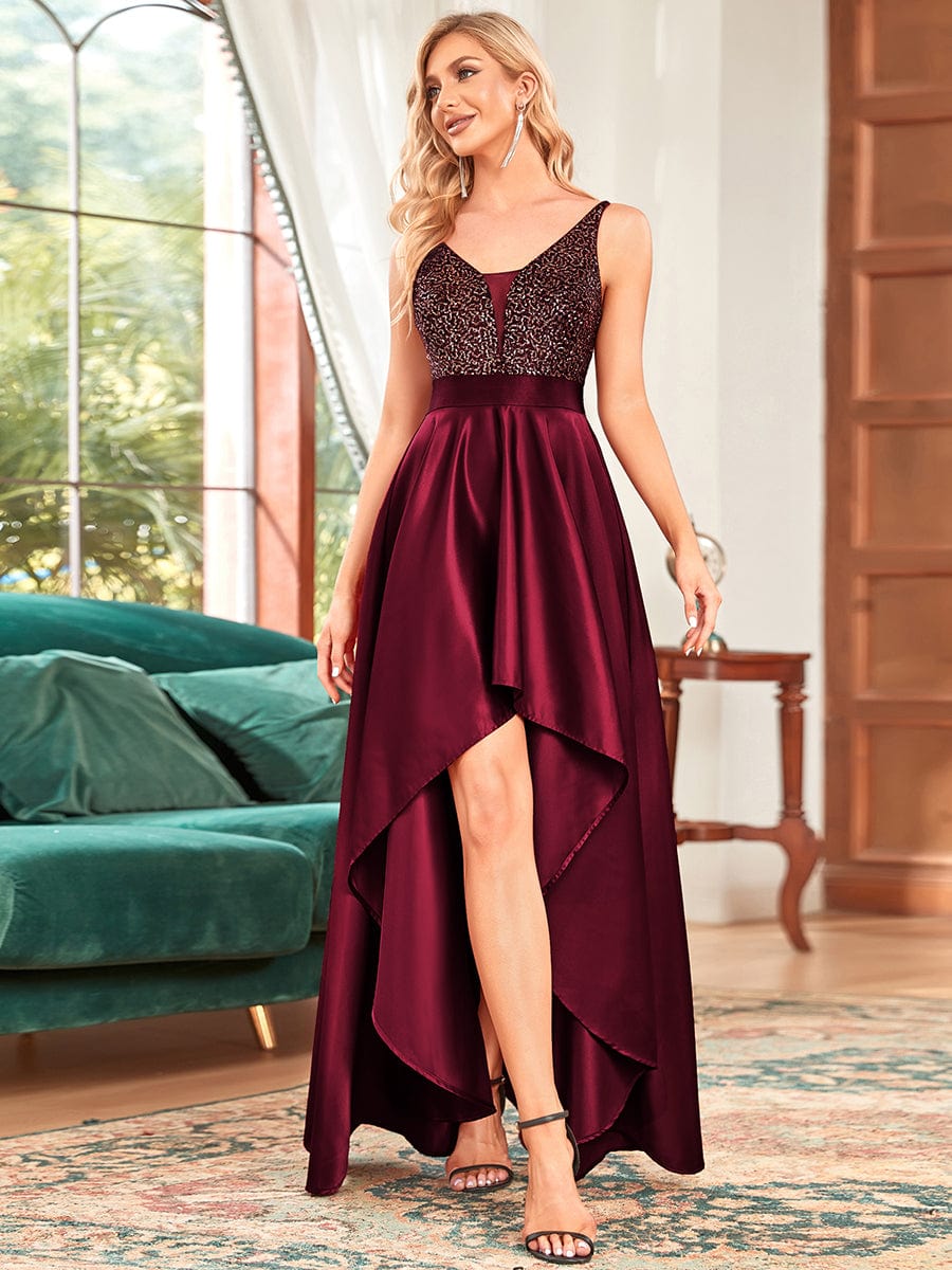 Sexy Backless Sparkly Prom Dresses for Women with Irregular Hem #color_Burgundy