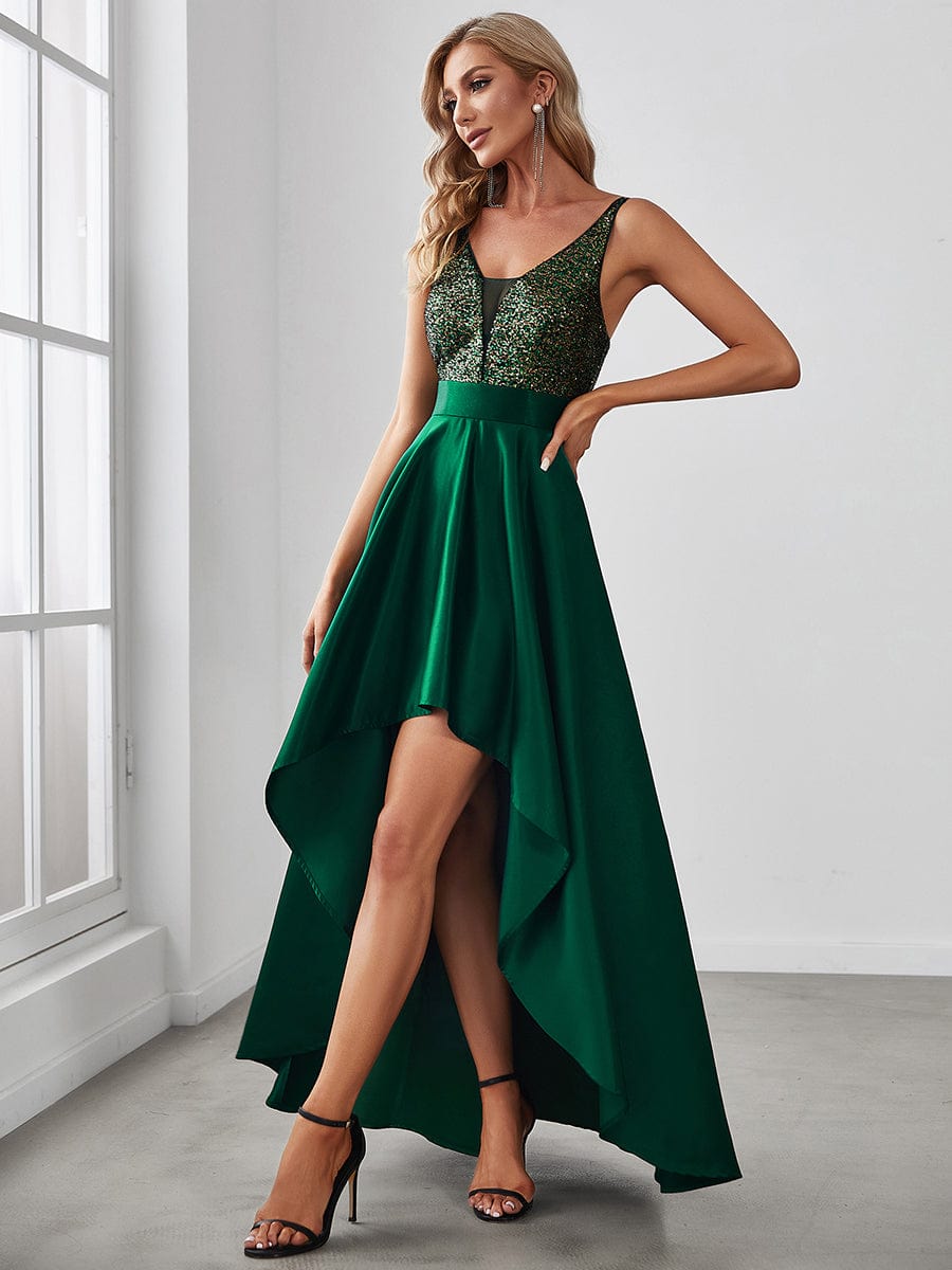 Sexy Backless Sparkly Prom Dresses for Women with Irregular Hem #color_Dark Green