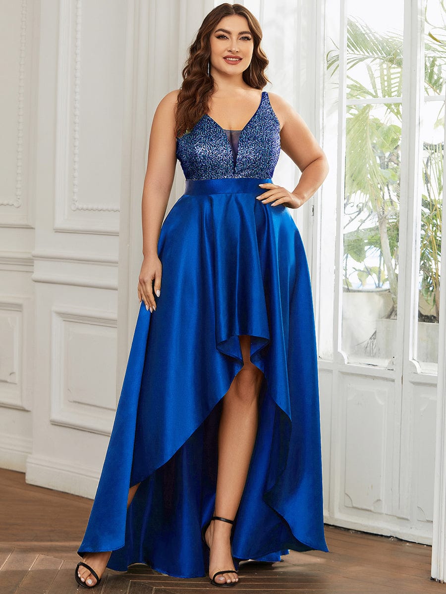 Sparkly Plus Size Prom Dresses for Women with Irregular Hem #color_Sapphire Blue