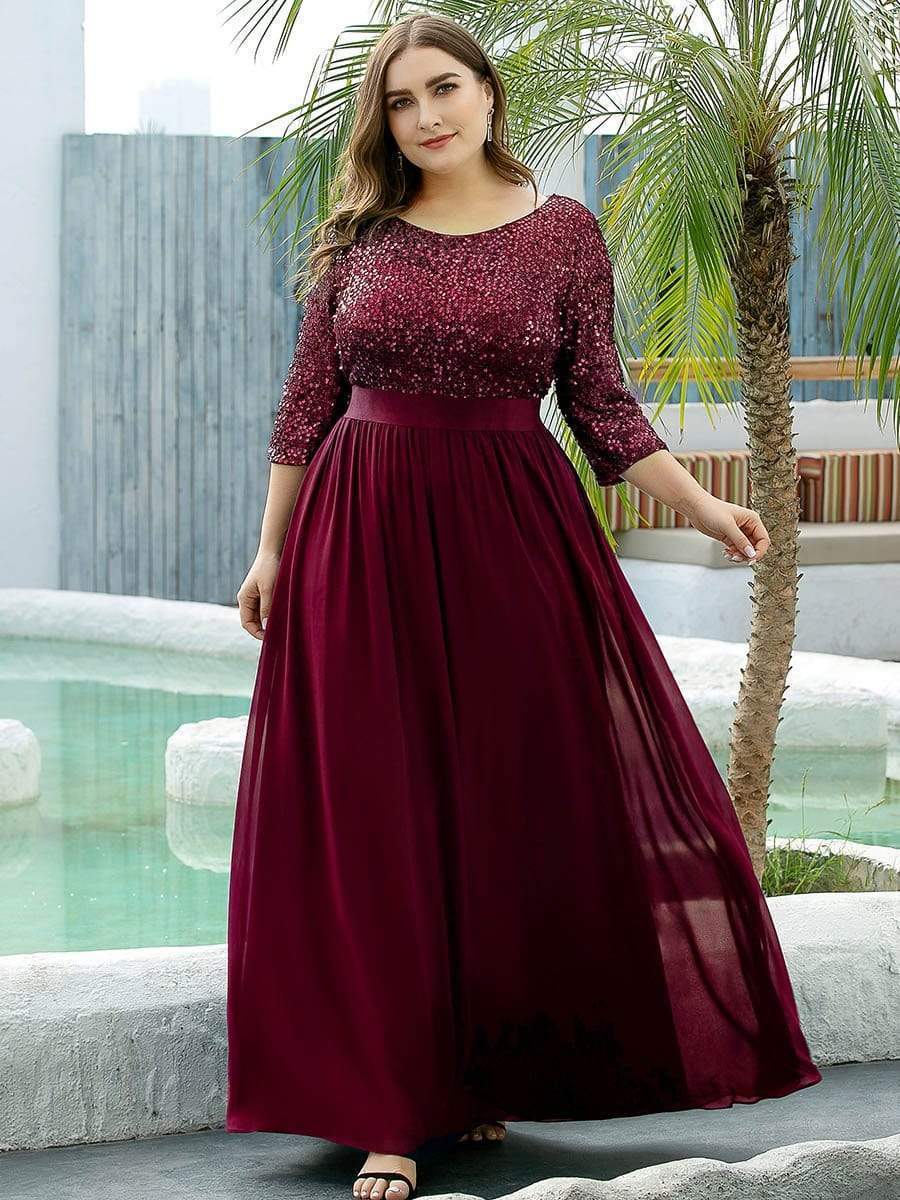Custom Size Elegant Round Neckline 3/4 Sleeve Sequins Patchwork Evening Dress #color_Burgundy