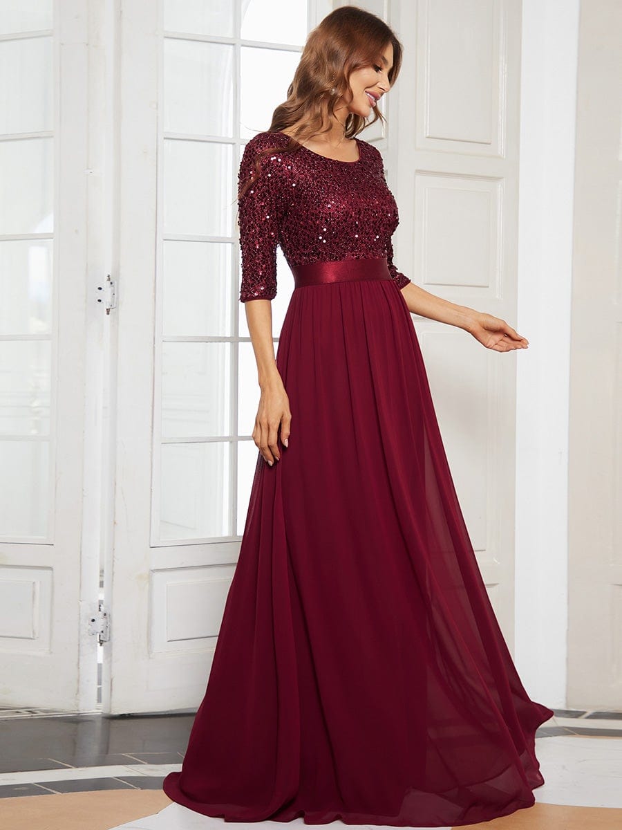 Custom Size Elegant Round Neckline 3/4 Sleeve Sequins Patchwork Evening Dress #color_Burgundy