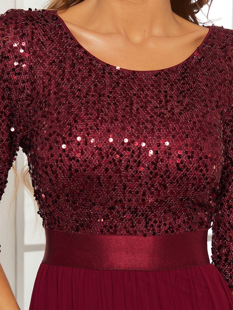 Custom Size Elegant Round Neckline 3/4 Sleeve Sequins Patchwork Evening Dress #color_Burgundy