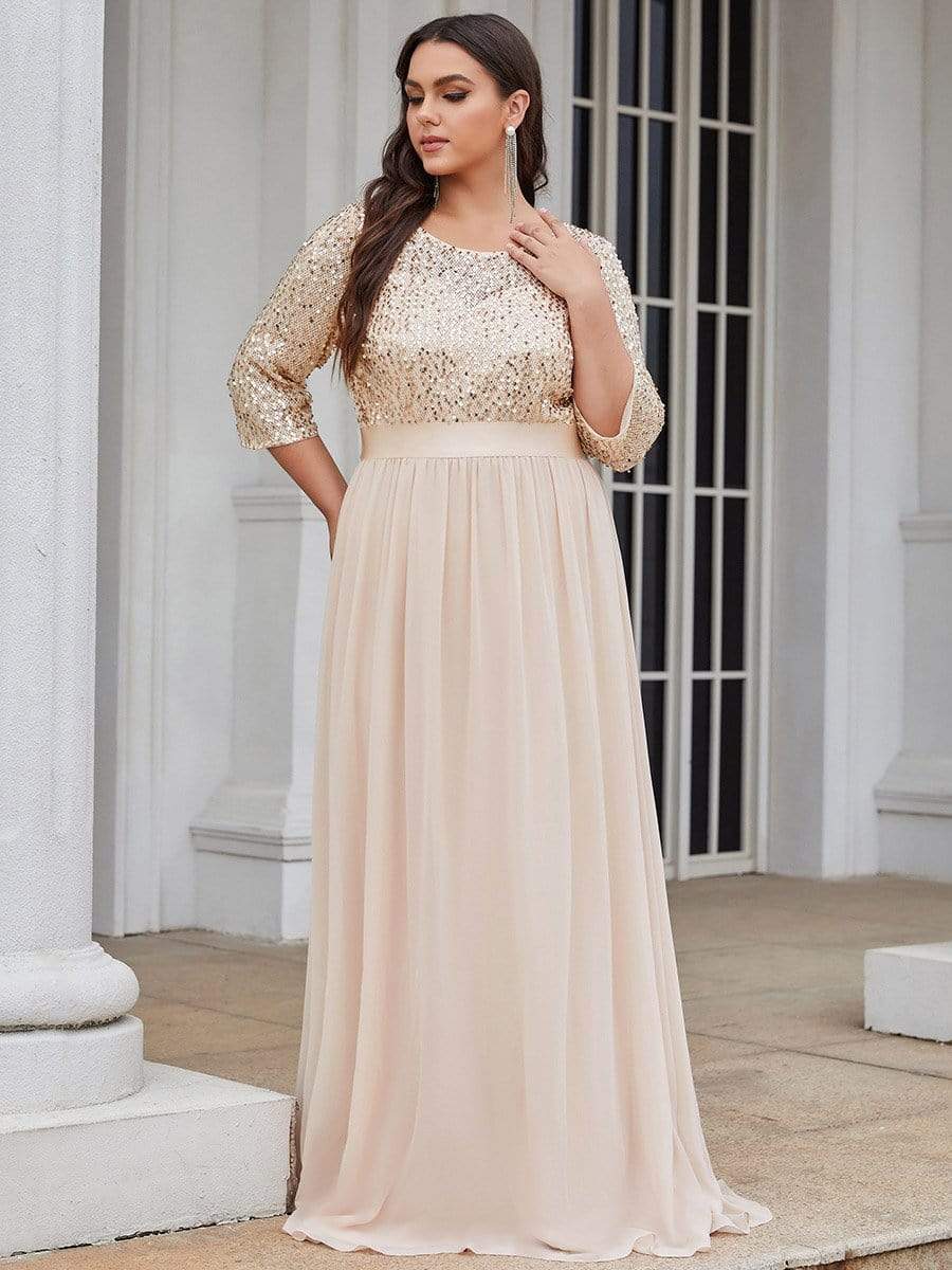 Custom Size Elegant Round Neckline 3/4 Sleeve Sequins Patchwork Evening Dress #color_Blush