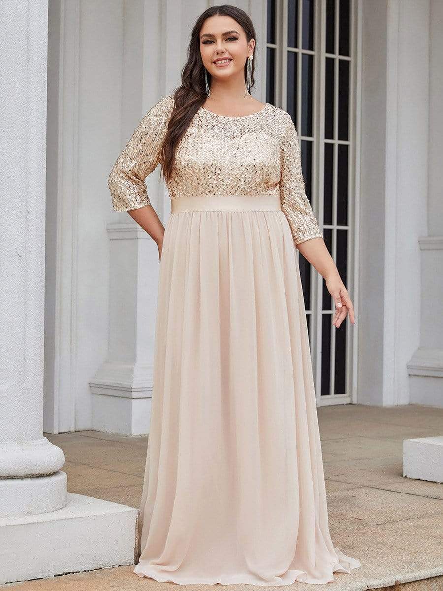 Custom Size Elegant Round Neckline 3/4 Sleeve Sequins Patchwork Evening Dress #color_Blush