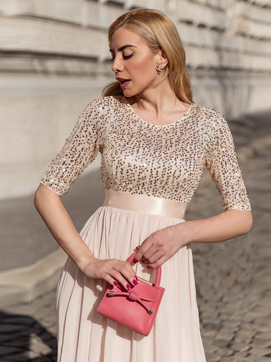 Custom Size Elegant Round Neckline 3/4 Sleeve Sequins Patchwork Evening Dress #color_Blush
