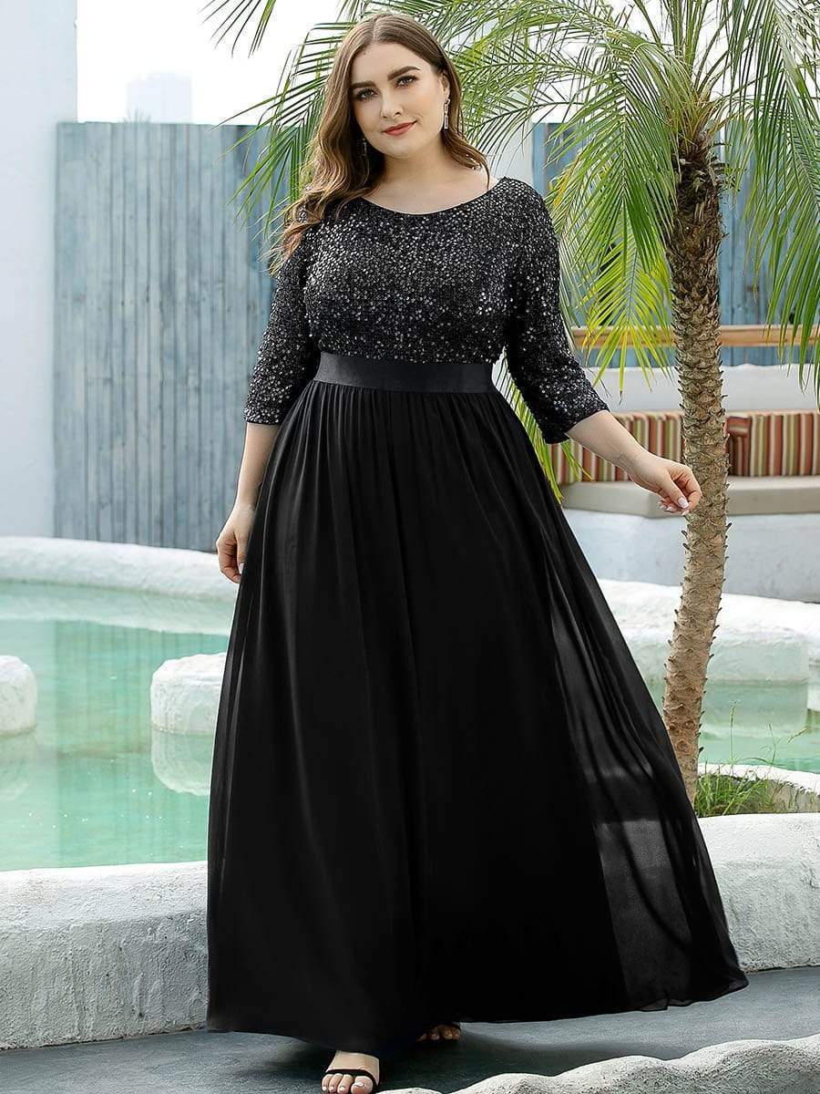 Custom Size Elegant Round Neckline 3/4 Sleeve Sequins Patchwork Evening Dress #color_Black