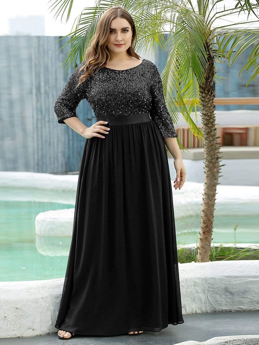 Custom Size Elegant Round Neckline 3/4 Sleeve Sequins Patchwork Evening Dress #color_Black