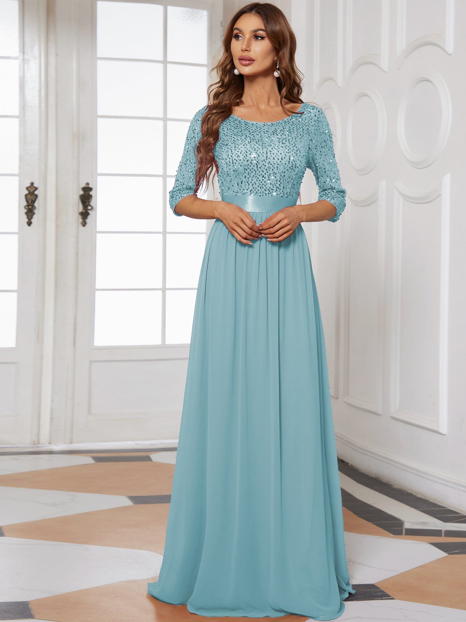 Custom Size Elegant Round Neckline 3/4 Sleeve Sequins Patchwork Evening Dress #color_Dusty Blue